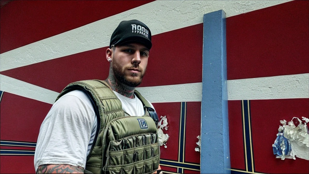 young 27 years old , good looking, bulletproof vest, neck tattoos , until, 