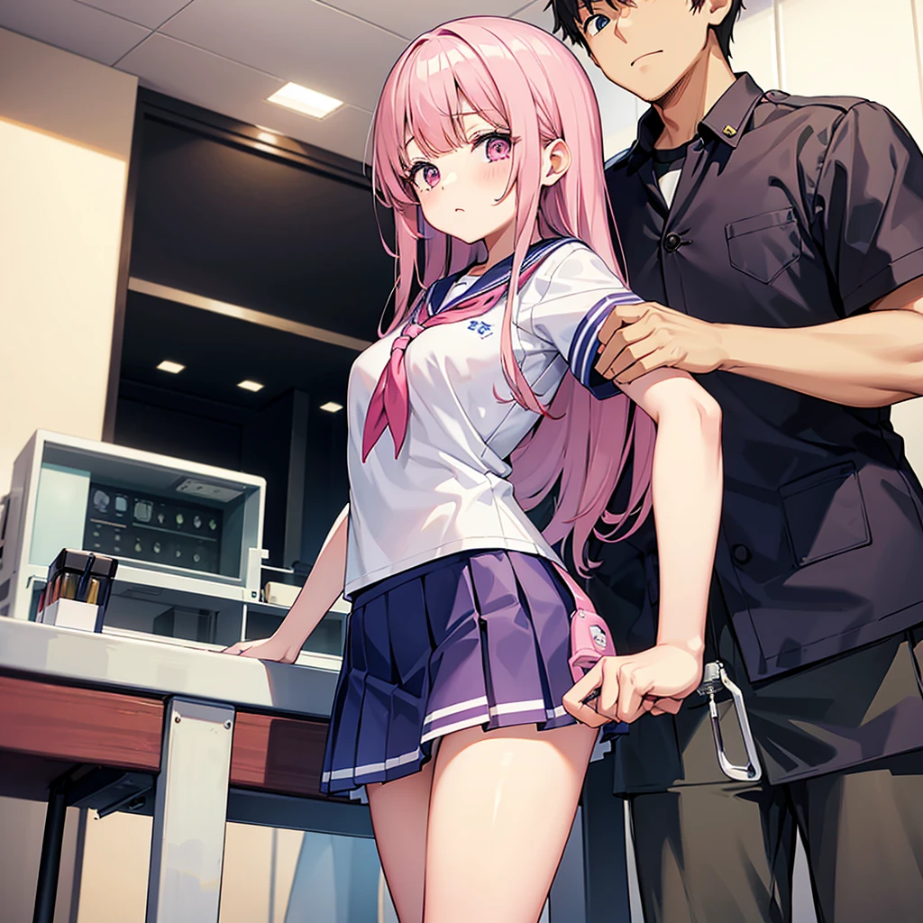 A pink-haired high school girl in a sailor uniform receives a vaccination、The man grabbed his arm、Take the syringe and stick it into your upper arm.。.
