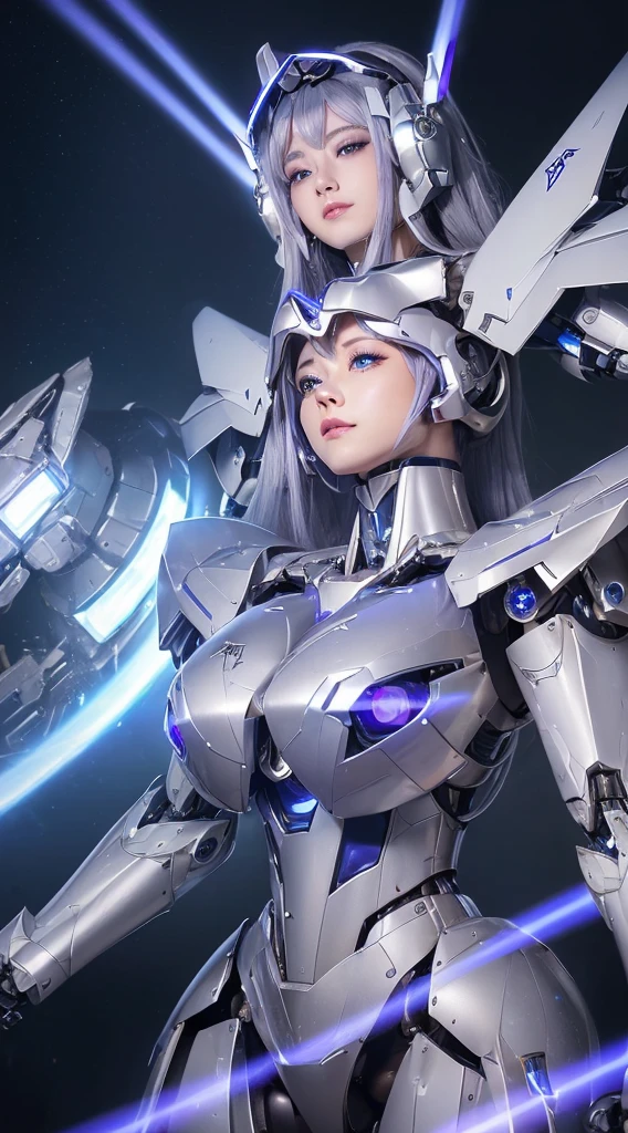 ((Intense action pose:1.6))、((Shining lenses on both breasts:1.3))、((Blue pillars of light are emanating from both chests.:1.3))、smile、((8K)), ((32k)), ((Highest quality)), ((masterpiece)), ((超A high resolution)), ((Tmasterpiece)), ((Halation:1.4))、((Mechaニカルheadgear:1.2))、((Cyber headphones:1.3))、Fine skin, High quality fabric, Fine metal texture、((Beautiful and dense face))、RAW Photos、Professional, Ultra-fine painting, ((alone)), Beautiful breasts、Highest quality, Very detailed, Very detailed詳細, Finer details, so beautiful, ((Princess Knight Robot:1.2)), (Joints of machines, Mechanical Limbs:1.3), (The internal structure of the machine is exposed:1.3), (Long silver hair:1.1), (Beautiful and huge mechanical breasts)、White Veil, cowboy_shot, Side Focus, headgear, Shiny、(Five Fingers, Four fingers and thumb),Concept Art, Anime fantasy artwork, Detailed fantasy art, (with pale blue-violet hair and large white wings,,,,,,,), (((Long silver hair))), (Mecha:1.6)、Sleek and intimidating design, ((Commander-in-Chief'arm)), (Perfect robot body)、純白と青紫armまたは, Symmetrical wings, 8K high quality, detailed art, 3D rendering of character art in 8K, neat legs, Defined, Defined fingers,