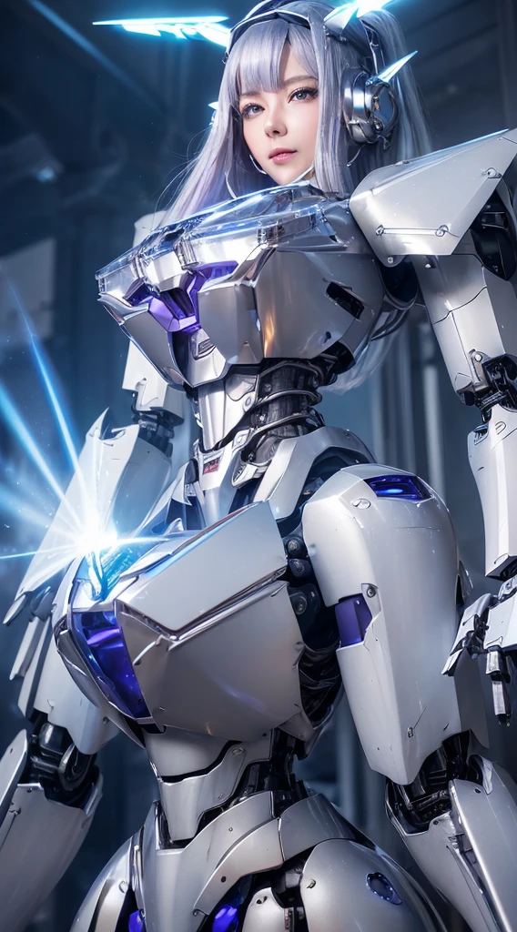 ((Intense action pose:1.6))、((Shining lenses on both breasts:1.3))、((Blue pillars of light are emanating from both chests.:1.3))、smile、((8K)), ((32k)), ((Highest quality)), ((masterpiece)), ((超A high resolution)), ((Tmasterpiece)), ((Halation:1.4))、((Mechaニカルheadgear:1.2))、((Cyber headphones:1.3))、Fine skin, High quality fabric, Fine metal texture、((Beautiful and dense face))、RAW Photos、Professional, Ultra-fine painting, ((alone)), Beautiful breasts、Highest quality, Very detailed, Very detailed詳細, Finer details, so beautiful, ((Princess Knight Robot:1.2)), (Joints of machines, Mechanical Limbs:1.3), (The internal structure of the machine is exposed:1.3), (Long silver hair:1.1), (Beautiful and huge mechanical breasts)、White Veil, cowboy_shot, Side Focus, headgear, Shiny、(Five Fingers, Four fingers and thumb),Concept Art, Anime fantasy artwork, Detailed fantasy art, (with pale blue-violet hair and large white wings,,,,,,,), (((Long silver hair))), (Mecha:1.6)、Sleek and intimidating design, ((Commander-in-Chief'arm)), (Perfect robot body)、純白と青紫armまたは, Symmetrical wings, 8K high quality, detailed art, 3D rendering of character art in 8K, neat legs, Defined, Defined fingers,