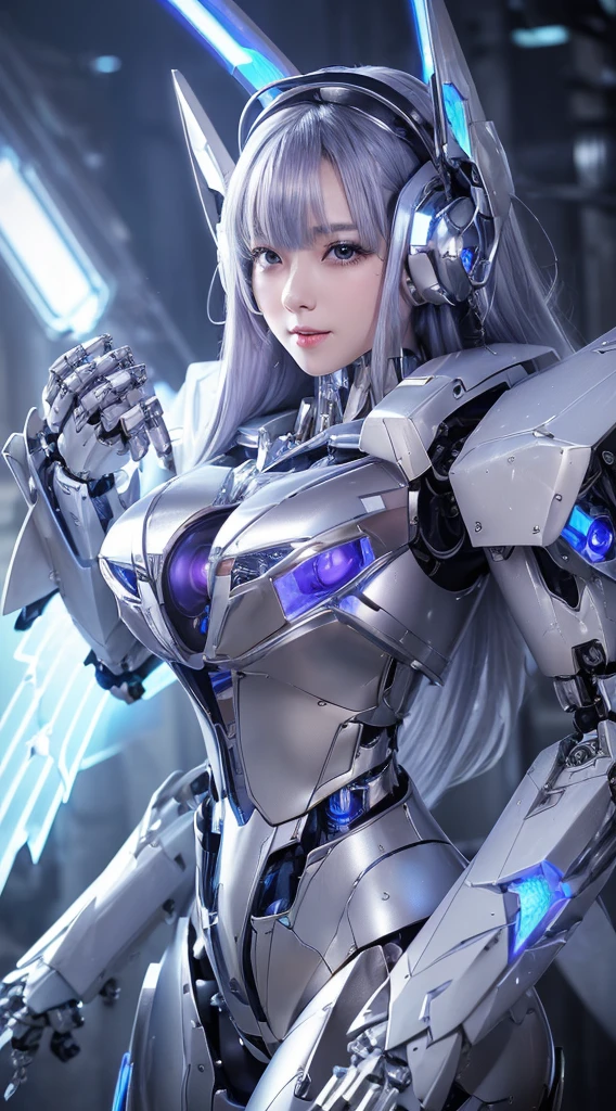 ((Intense action pose:1.6))、((Shining lenses on both breasts:1.3))、((Blue pillars of light are emanating from both chests.:1.3))、smile、((8K)), ((32k)), ((Highest quality)), ((masterpiece)), ((超A high resolution)), ((Tmasterpiece)), ((Halation:1.4))、((Mechaニカルheadgear:1.2))、((Cyber headphones:1.3))、Fine skin, High quality fabric, Fine metal texture、((Beautiful and dense face))、RAW Photos、Professional, Ultra-fine painting, ((alone)), Beautiful breasts、Highest quality, Very detailed, Very detailed詳細, Finer details, so beautiful, ((Princess Knight Robot:1.2)), (Joints of machines, Mechanical Limbs:1.3), (The internal structure of the machine is exposed:1.3), (Long silver hair:1.1), (Beautiful and huge mechanical breasts)、White Veil, cowboy_shot, Side Focus, headgear, Shiny、(Five Fingers, Four fingers and thumb),Concept Art, Anime fantasy artwork, Detailed fantasy art, (with pale blue-violet hair and large white wings,,,,,,,), (((Long silver hair))), (Mecha:1.6)、Sleek and intimidating design, ((Commander-in-Chief'arm)), (Perfect robot body)、純白と青紫armまたは, Symmetrical wings, 8K high quality, detailed art, 3D rendering of character art in 8K, neat legs, Defined, Defined fingers,