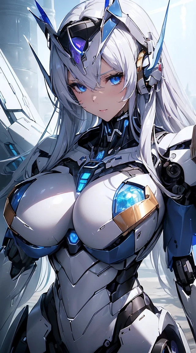 ((Intense action pose:1.6))、((Shining lenses on both breasts:1.3))、((Blue pillars of light are emanating from both chests.:1.3))、smile、((8K)), ((32k)), ((Highest quality)), ((masterpiece)), ((超A high resolution)), ((Tmasterpiece)), ((Halation:1.4))、((Mechaニカルheadgear:1.2))、((Cyber headphones:1.3))、Fine skin, High quality fabric, Fine metal texture、((Beautiful and dense face))、RAW Photos、Professional, Ultra-fine painting, ((alone)), Beautiful breasts、Highest quality, Very detailed, Very detailed詳細, Finer details, so beautiful, ((Princess Knight Robot:1.2)), (Joints of machines, Mechanical Limbs:1.3), (The internal structure of the machine is exposed:1.3), (Long silver hair:1.1), (Beautiful and huge mechanical breasts)、White Veil, cowboy_shot, Side Focus, headgear, Shiny、(Five Fingers, Four fingers and thumb),Concept Art, Anime fantasy artwork, Detailed fantasy art, (with pale blue-violet hair and large white wings,,,,,,,), (((Long silver hair))), (Mecha:1.6)、Sleek and intimidating design, ((Commander-in-Chief'arm)), (Perfect robot body)、純白と青紫armまたは, Symmetrical wings, 8K high quality, detailed art, 3D rendering of character art in 8K, neat legs, Defined, Defined fingers,