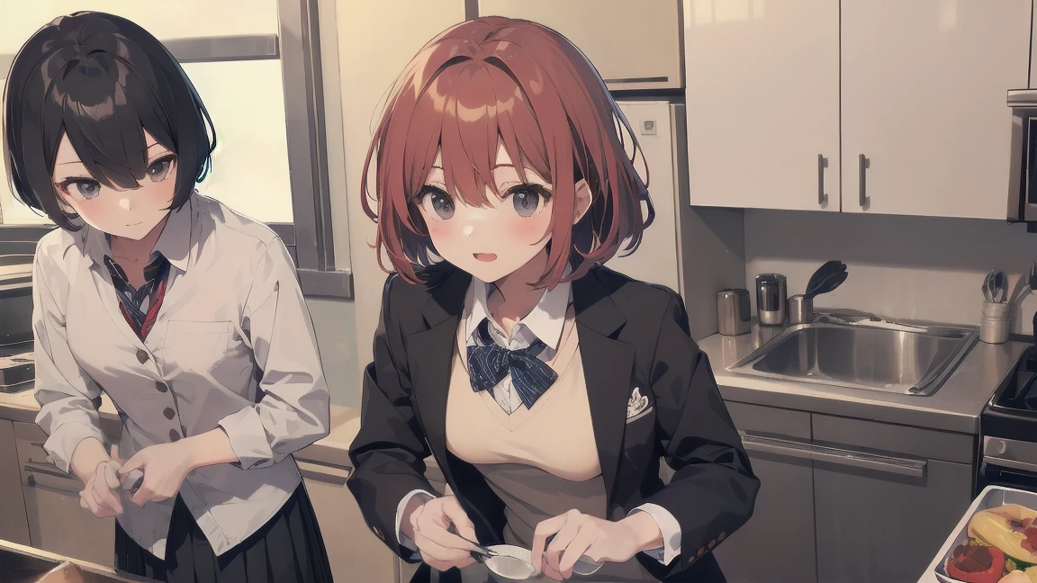 In one girl、fun、High school blazer with popular design、shirt、pleated skirt、white skirt、(small breasts ) en clase,short hair, black eyes, lazo color rojo, clase de cocina, cocinando