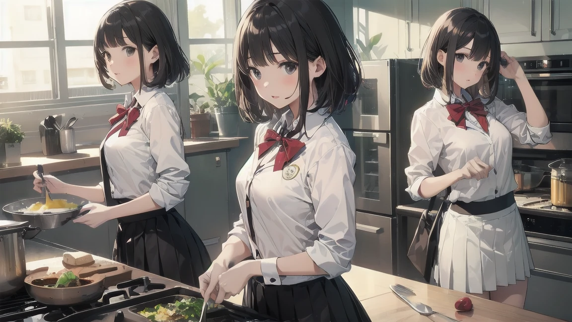 In one girl、fun、High school blazer with popular design、shirt、pleated skirt、white skirt、（small breasts ) en clase,short hair, black eyes, lazo color rojo, clase de cocina, cocinando