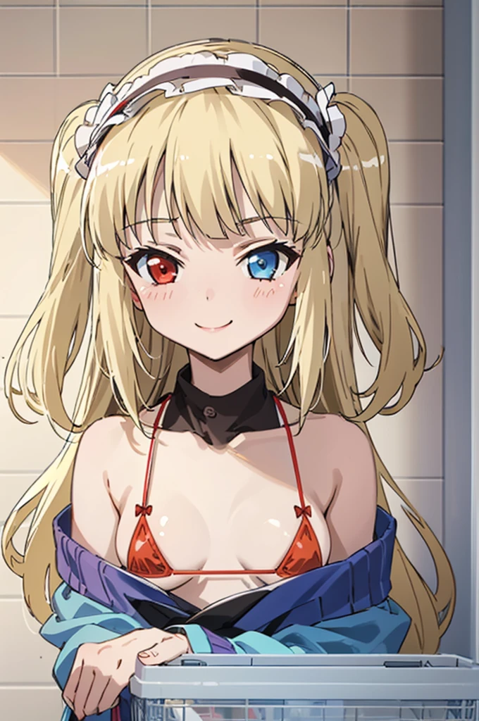 (((pixel-perfect, detail-perfect))), solo, 1girl, kobato hasegawa, heterochromia, red eyes,micro bikini,my room, hairband, looking at viewer, smirk, smile