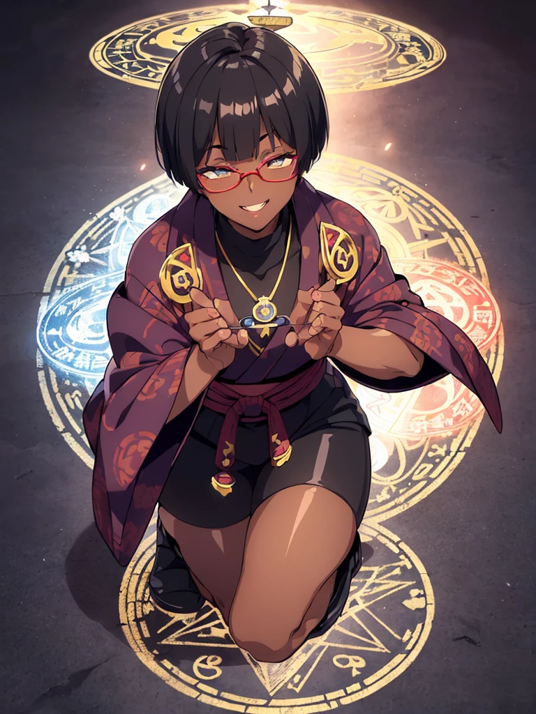 (flat chest:), (masterpiece:1.2), highest quality, High resolution, unity 8k wallpaper, (fine and beautiful eyes:1.6), highly detailed face, perfect lighting, Detailed CG, (perfect hands, perfect anatomy), (1 boy solo:1.4), 20 years old, black hair, extremely beautiful detailfeminine face and eyes, (evil smile:1.4), detailed eyes, best quality,( dark skin:1.8), (turtleneck shirt under yukata:1.2), (bike shorts:1.2), extremely detailed, very precise detailed, (glasses:1.3), blunt bangs, open mouth, (very short pixie cut:1.2), boots,fingerless gloves, smile, (half closed eyes:1.5), ,(squat in magic circle on ground:1.1) ,night sky,long sidelocks,(long red Scarf),(yukata),(squatting),(acrobat pose:1.3),(squat:1.3),leaning forward,(one knee dwon:1.5),(Put one foot in front:1.3),(stylish pose:1.4),(Raise only index finger:1.1),,(retro artstyle:1.2), (1990s \(style\)),(in magic circle on ground only:1.3),(from above:1.2),(have a paper talisman:1.8)