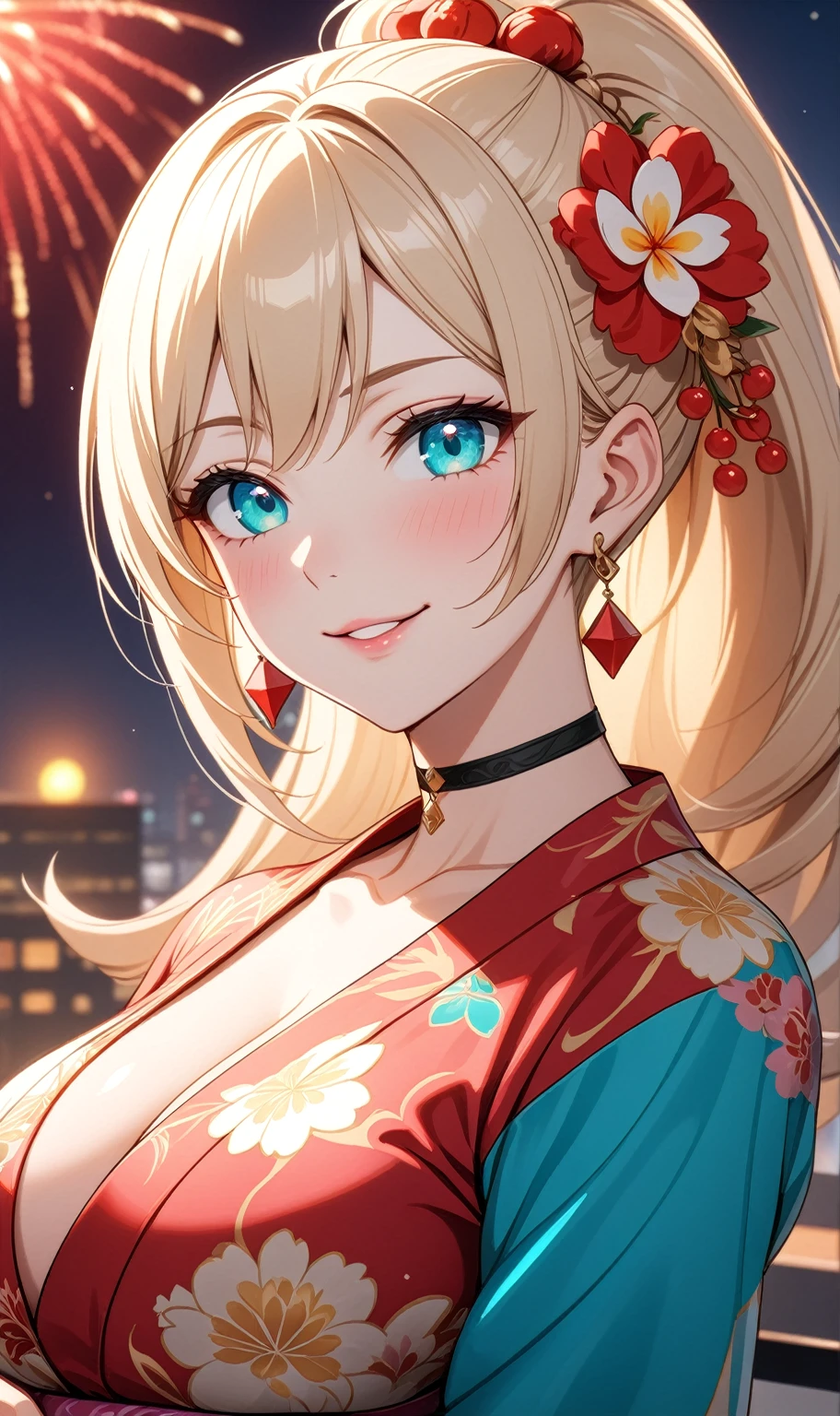((One personの女性)), Beautiful Face, head tilt, ((seductive smile)), ((Wink 1.9)), Laugh with your mouth wide open,((Bright red cheeks:1.4)),Shiny red lips,night,rooftop,You can see the ocean, firework,Laughing with your mouth open,Glossy pink lips,Facial lighting,((Anime style background)),masterpiece, Highest quality, so beautiful,up to date, Complex details, (Pink long nails),(4fingers and 1thumbs), (ring),(bracelet),(choker),AI-generated, Complex,High resolution, Highest quality, super high quality,3D Images、3D Images,One person,Long blonde hair,High Ponytail,((Turquoise Eyes)),Anime woman posing for a photo, ((Fine grain、Colorful eyes、Shining Eyes:1.3)),(Squint your eyes:1.1),a hyperRealistic , hyperRealistic , Realistic,Anime woman with long white hair, Smooth anime CG art, A woman in a colorful kimono with gold embroidery, (Pink long sleeve kimono),Red floral pattern,Long flower hair ornament,Earrings,Mature Body,(Big Breasts:1.1),expensive,Abdominal muscles,Tight waist,(Zoom up to face:1.7),Shooting from an angle