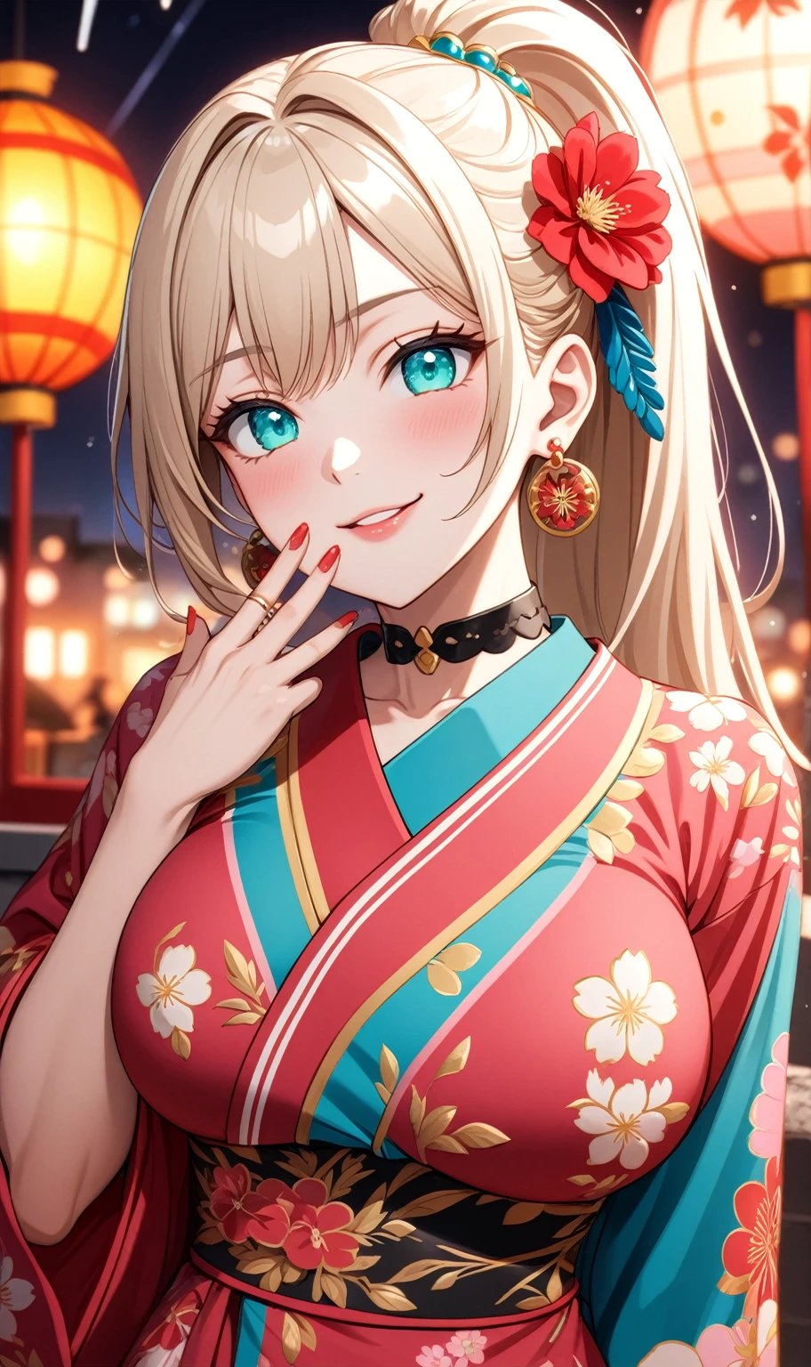 ((One personの女性)), Beautiful Face, head tilt, ((seductive smile)), ((Wink 1.9)), Laugh with your mouth wide open,((Bright red cheeks:1.4)),Shiny red lips,night,rooftop,You can see the ocean, firework,Laughing with your mouth open,Glossy pink lips,Facial lighting,((Anime style background)),masterpiece, Highest quality, so beautiful,up to date, Complex details, (Pink long nails),(4fingers and 1thumbs), (ring),(bracelet),(choker),AI-generated, Complex,High resolution, Highest quality, super high quality,3D Images、3D Images,One person,Long blonde hair,High Ponytail,((Turquoise Eyes)),Anime woman posing for a photo, ((Fine grain、Colorful eyes、Shining Eyes:1.3)),(Squint your eyes:1.1),a hyperRealistic , hyperRealistic , Realistic,Anime woman with long white hair, Smooth anime CG art, A woman in a colorful kimono with gold embroidery, (Pink long sleeve kimono),Red floral pattern,Long flower hair ornament,Earrings,Mature Body,(Big Breasts:1.1),expensive,Abdominal muscles,Tight waist,(Zoom up to face:1.7),Shooting from an angle