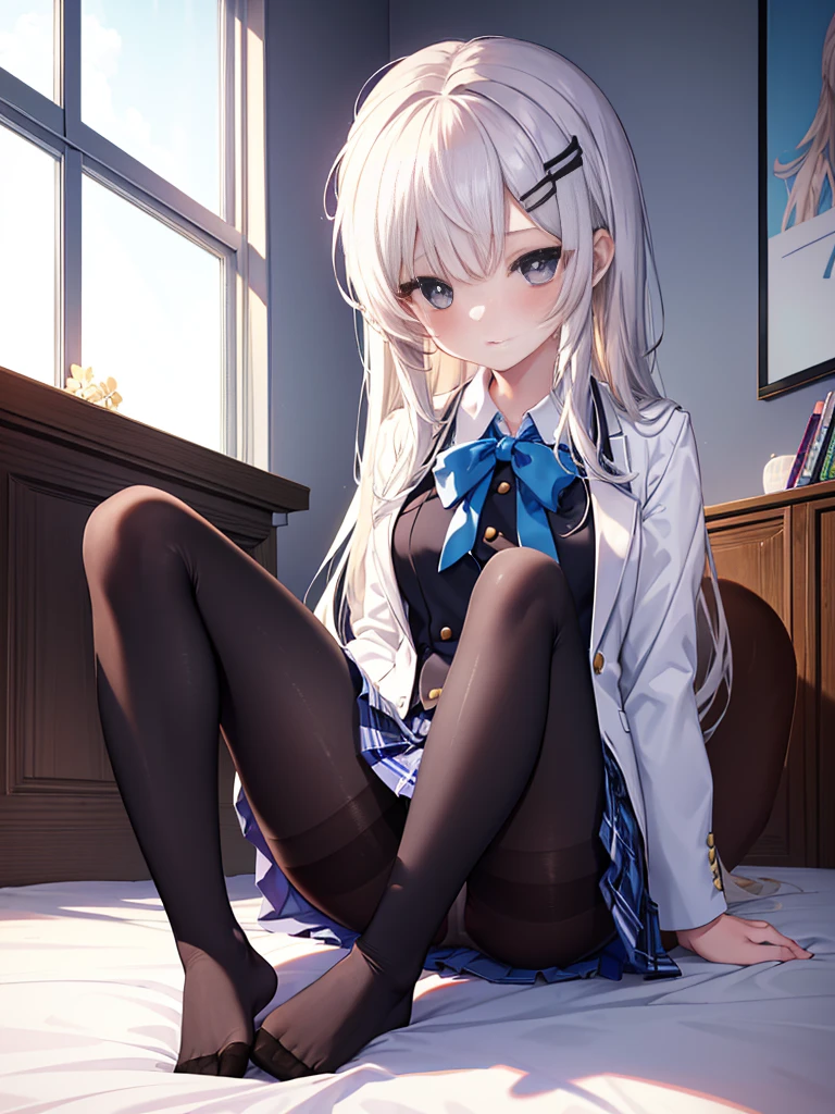 first-class、masterpiece、High resolution、(whole body)、front、Symmetric、Anatomically correct body、Accurate legs、Beautiful toes、Mature schoolgirl、(((solo)))、Small breasts、Long Hair、slightly disheveled hair、(((Black Pantyhose)))、composition、Showing white panties、Very beautiful 17 year old girl、(No shoes)、Blushing、Shy big eyes、(Bangeshi Hair, (Hair Clip)、Looking at the camera、Show me your white panties、White frilly lingerie、High School Blazer、High school white blouse、A high school with a blue ribbon、high school uniform with 短い plaid pattern and navy pleated skirt