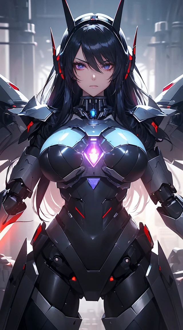 ((Shining lenses on both breasts:1.3))、((Pillars of red light radiate from both chests..:1.3))、((Attack pose:1.6))、((He has a red sword and a long rifle:1.6))、((Battle Scenes:1.8))、((8K)), ((32k)), ((Highest quality)), ((masterpiece)), ((超A high resolution)), ((Tmasterpiece)), ((Halation:1.4))、((Mechaニカルheadgear:1.2))、((Cyber headphones:1.3))Fine skin, High quality fabric, High-quality metal texture、((Beautiful and dense face))、RAW Photos、Professional, Ultra-fine painting, ((alone)), Beautiful breasts、Highest quality, Very detailed, Very detailed詳細, Finer details, so beautiful, ((Black Knight Robot:1.2)), (Joint of the machine, Mechanical Limbs:1.3), (The internal structure of the machine is exposed:1.3), (Long black hair:1.1), (Beautiful and huge mechanical breasts)、White Veil, cowboy_shot, Side Focus, headgear, Shiny、(Five Fingers, Four fingers and thumb),Concept Art, Anime fantasy artwork, Detailed fantasy art, (Has light blue-purple hair and black wings,,,,,,), (((Long black hair))), (Mecha:1.6)、Sleek and intimidating design, (Jet black perfect robot body)、Jet black and reddish purple arms, Symmetrical wings, 8K High Resolution, Detailed Art, 3D rendering of character art in 8K, neat legs, Defined, Defined fingers,((headshot:1.6))