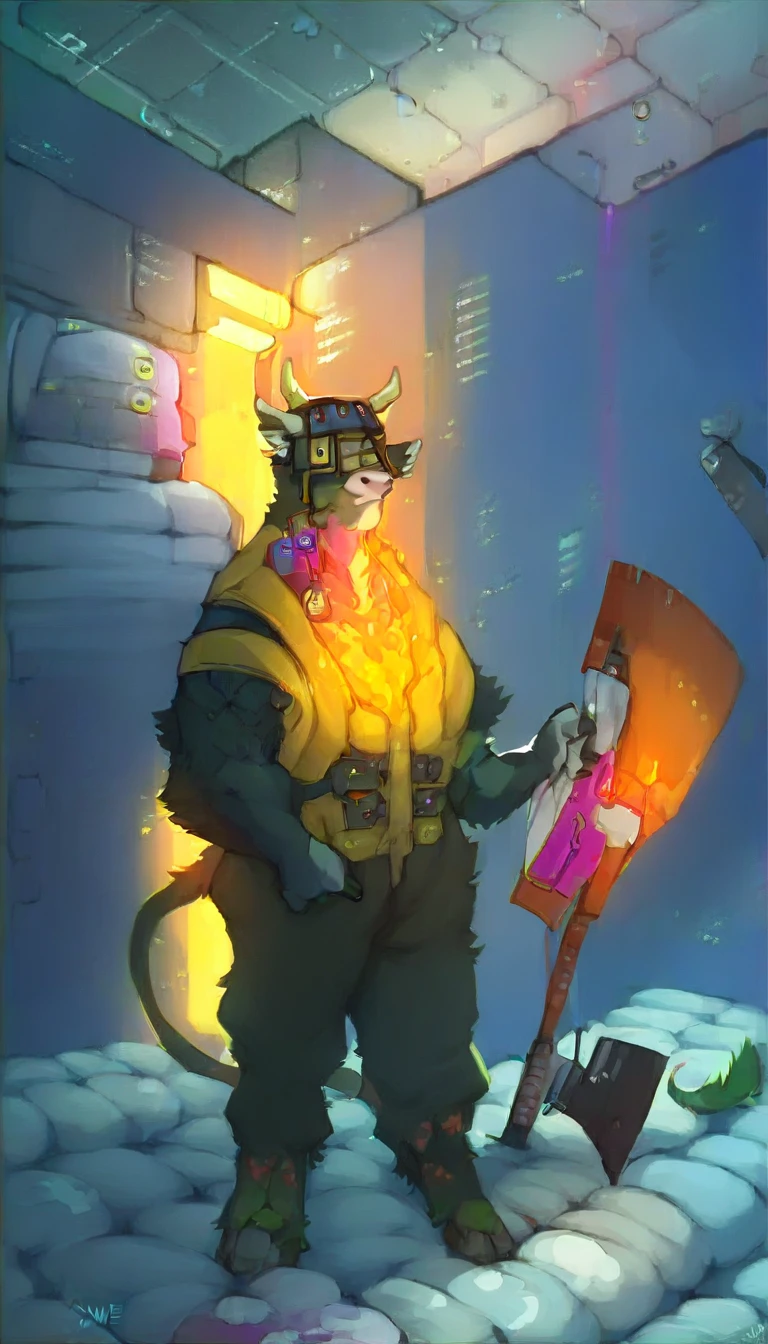 score_9, score_8_up, score_7_up, (cyberpunk city, Hospital, operations room, medicines on background:1.5),
((Bull:1.2), anthro, horns, solo, male, (portrait, standing), (holding fireaxe), ((wearing firefighter uniform), (wearing helmet)), ((bull fur)), muscular, beautiful, (have cyberpunk-style additions)