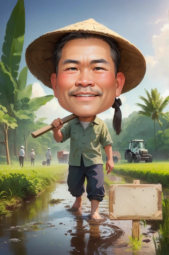 cartoon man walking in a muddy field with Bring a hoe, With a wooden plank stuck in front of him, caricature illustration, farmer, caricature style, japanesse farmer, cartoon portrait, caricature, cartoon digital painting, caricature!!!, south east asian with round face, cartoon artstyle, potrait, cartoon digital art, digital cartoon painting art, do hoang tuong artwork, big head