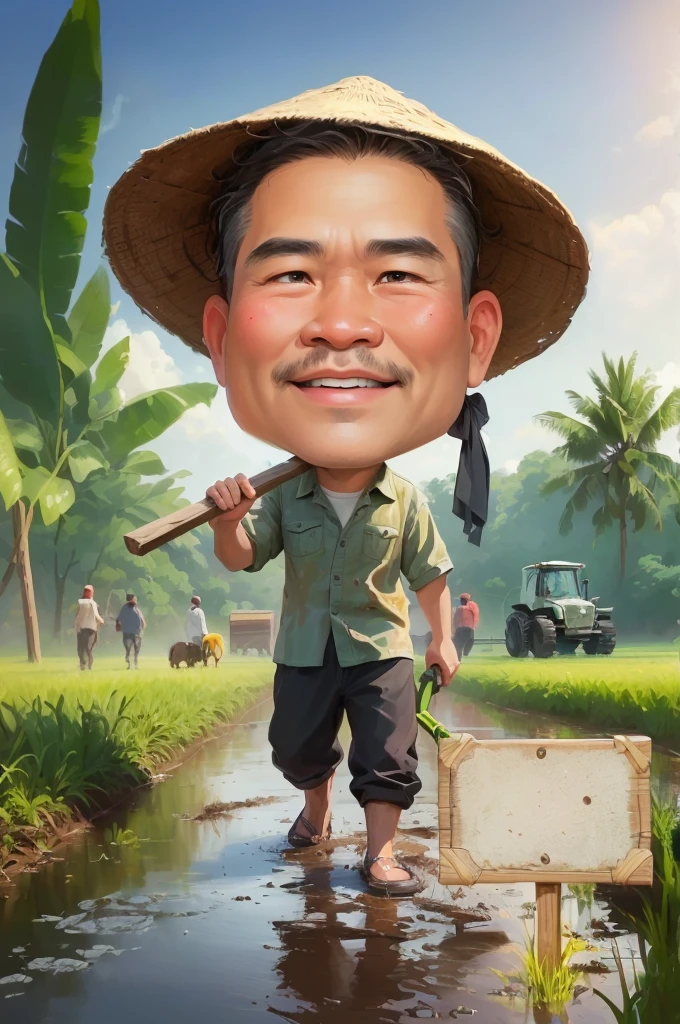 cartoon man walking in a muddy field with Bring a hoe,  With a wooden plank stuck in front of him, caricature illustration, farmer, caricature style, japanesse farmer, cartoon portrait, caricature, cartoon digital painting, caricature!!!, south east asian with round face, cartoon artstyle, potrait, cartoon digital art, digital cartoon painting art, do hoang tuong artwork, big head
