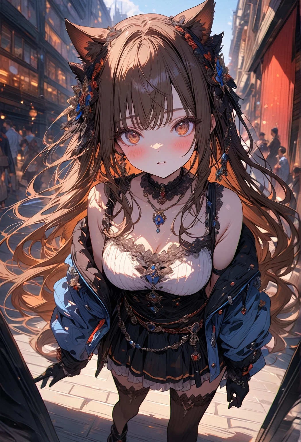 ((masterpiece:0), best quality, very aesthetic, newest, absurdres, detailed, high quality)
BREAK
highest quality, top quality, details, highres, ultra fine painting, digital art, official art, cinematic, 4k, 8k resolution, 8K CG wallpaper, CG, original artwork, detailed background, colorful background, blue atmosphere, High Dynamic Range, blurry background, blue hour, Starburst effects, crepuscular rays, good ISO, high resolution, wide shot, from far away, RAW photo, POV, sharp focus, light reflection, reflections, intricate details, soft light, particle noise, professional photography, bokeh, depth of field, natural lighting, vibrant colors, looking away, detailed lights and shadows, stylish, ultra-detailed, top rated on Pixiv, trending on Artstation, niji style, modern-days, master crafted, pose
BREAK
solo, 1girl, pale skin, correct fingers, detailed hair, (medium big breasts:1.2), big thighs, short torso, short body, flushtered, blush, anxious expression, casual, slim, ((cute, childlike face):1.3), nice hips, nice body, brown hair, (long flowing hair:1.1), big 2 buns hairstyle, long bangs, long hair, middle hair bangs, brown eyes
BREAK
((colorful outfit), off shoulder crop top, short skirt, headphone, jacket, casual cap, belts, straps, choker, gloves, boots, (stockings), garterbelt, accessories, outfit ornaments, sneakers, kemonomimi, 1 tail, correct tail), (((from above, close up)))
BREAK
a person walking down a street with a crowd of people, crowded street, crowded streets, in front of a large crowd, giant crowd, girl walking through city, people walking down a street