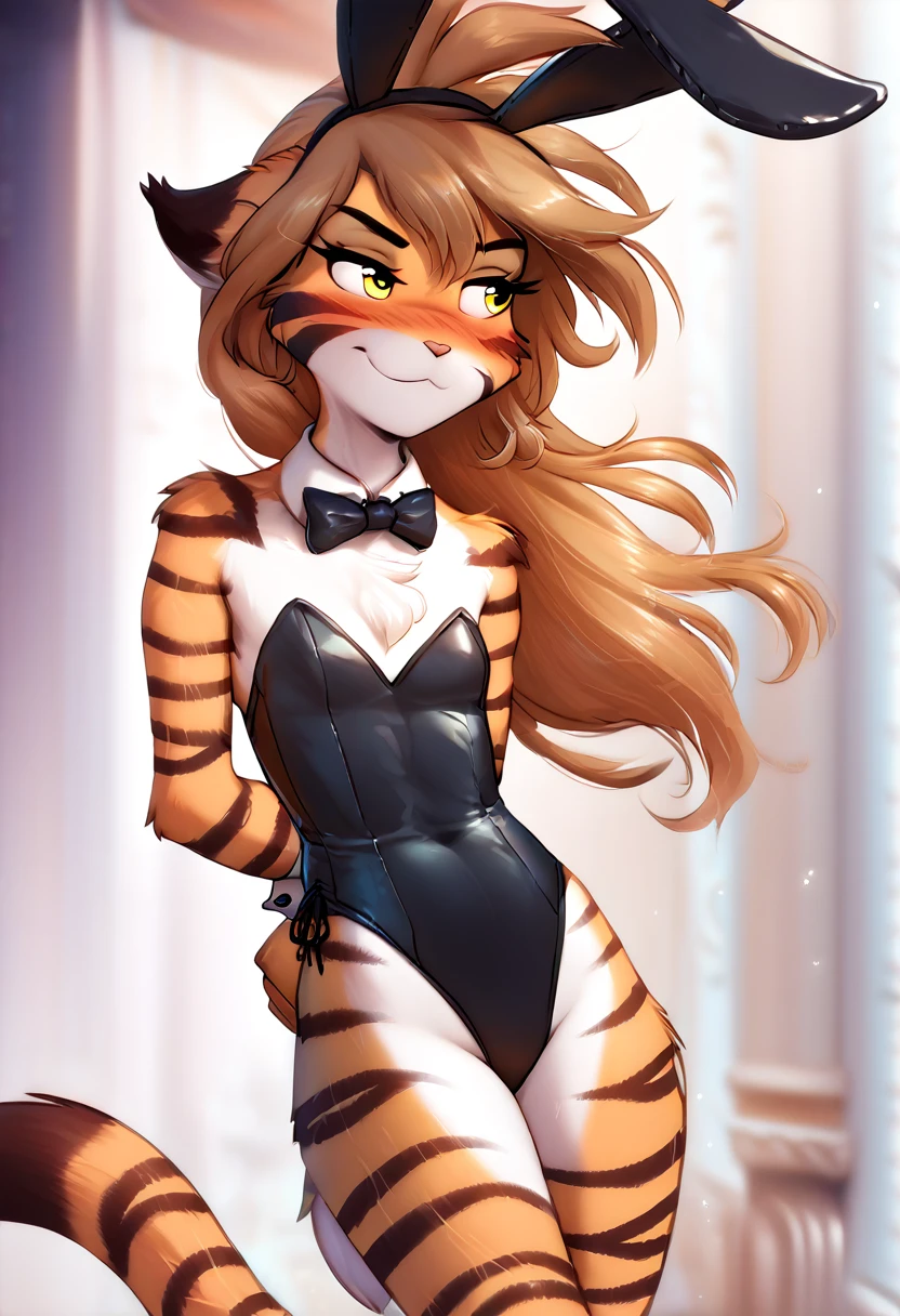 score_9, score_8_up, score_7_up, score_6_up, score_5_up, score_4_up, source_furry, a female anthro fluffy, female, furry, anthro, tkflora, tiger, striped fur, keidran, yellow eyes, solo, small breasts, anthro, (blush, looking away, hands behind back:1.15), light smile, playboy bunny suit, detailed background, twistedscarlett, personalamistyle