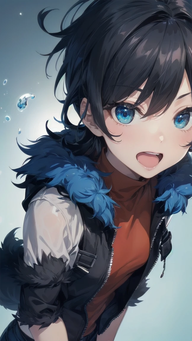 Close-up of a cartoon girl with blue hair and a yellow shirt, 2D Animation, 2D Animation style, 2D Art, 2D Art, 2D from Gorillaz, 2D from Gorillaz, 2D Gorillaz, Screaming Cerket, 2D Sprites, Jinx Face, short hair, Small breasts, hot pants, ((Black Hair, Bright blue fur inside:1.4))