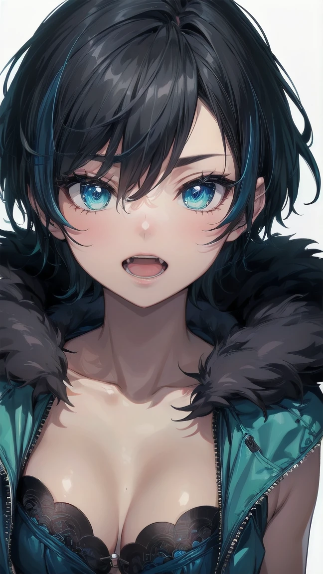 Close-up of a cartoon girl with blue hair and a yellow shirt, 2D Animation, 2D Animation style, 2D Art, 2D Art, 2D from Gorillaz, 2D from Gorillaz, 2D Gorillaz, Screaming Cerket, 2D Sprites, Jinx Face, short hair, hot pants, Small breasts, ((Black Hair, Bright blue fur inside:1.4))