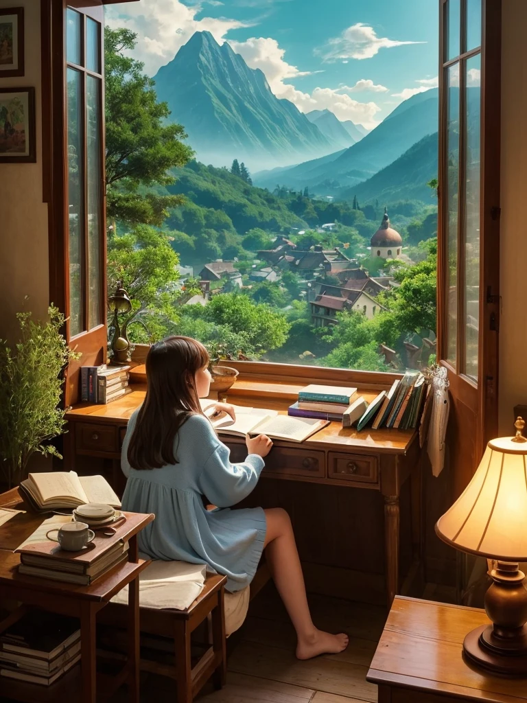 Create an illustration of a “Lofi Girl” inspired by Studio Ghibli. The scene should capture the serene, magical atmosphere typical of Ghibli films. The Lofi Girl is sitting at a wooden desk by a window, studying or writing in a notebook. She wears cozy, casual clothing reminiscent of characters in Ghibli films, like a simple dress or sweater.
Outside the window, there is a lush, enchanted landscape with vibrant greenery, colorful flowers, and possibly a view of distant mountains or a quaint village. The sky should have a soft, warm glow, perhaps during sunrise or sunset.
Inside the room, include elements that evoke a Ghibli aesthetic: wooden furniture, shelves filled with books and trinkets, soft lighting from a lamp, and maybe a small, fantastical creature or a cat nearby, adding a touch of whimsy. The overall mood should be calm, cozy, and slightly nostalgic, inviting the viewer into a peaceful, otherworldly setting.