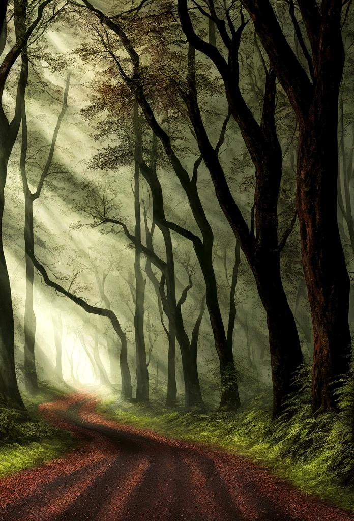 A painting of a road through a forest and a trail leading through it, Dark Forest, Fairytale Forest, magical Fantasy Forest, Fantasy Forest, Dark Forest, Black Forest, Dark colors and atmosphere, Magical Forest, forest light shadow light, Mark Adams, really beautiful forest, backround Magical Forest