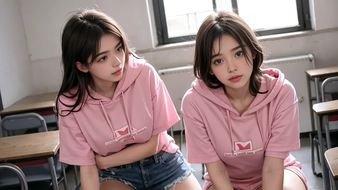 deux femmes ensemble de 18 ans sexy et mince , pink short sleeve hoodie , salle de classe, se touche,position sey,sensuel