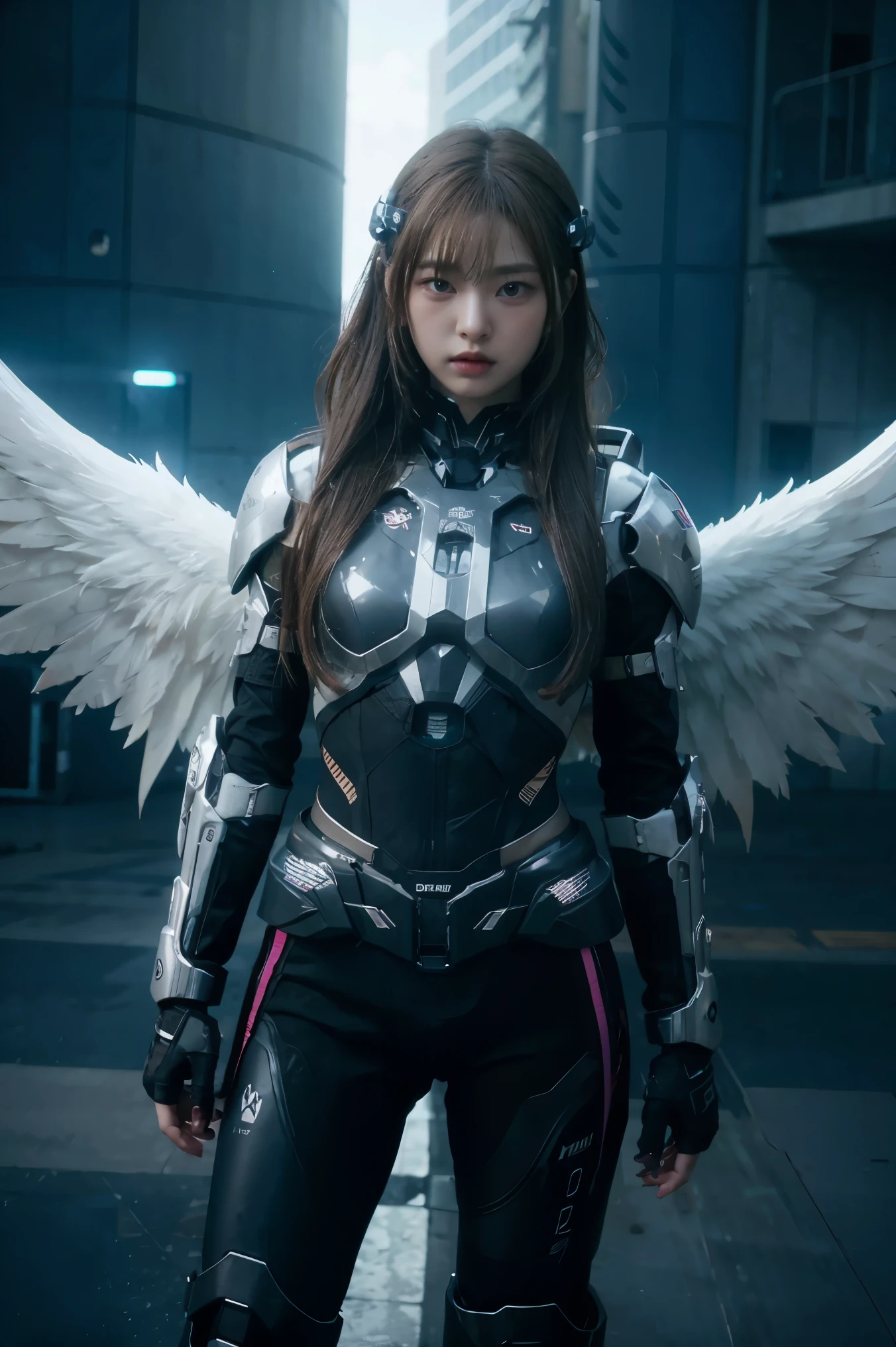 ((masterpiece, best quality, extremely detailed), volumetric lighting, ambient occlusion, colorful, glowing), 1girl, solo, young girl, (dark hair), long hair, halo, aura, sacred, godness, cyber suit, (black outfit:1.3), android, bot, cybernetic wings, outdoors, sunset, sky, clouds, space, (cyberpunk theme:1.2),