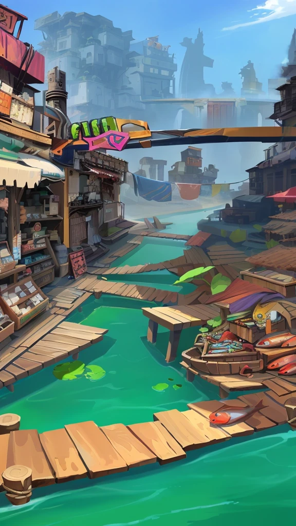 Cartoon illustration of a city with a river and a bridge, Underwater Market, 风格化的Concept Art, Fishing Village, 游戏Concept Art, 以游戏Concept Art形式进行绘制, 电子游戏的Concept Art, 风景游戏Concept Art, Stylized game art, environment design illustration, Fishing Village, environment painting, background technology, Concept Art