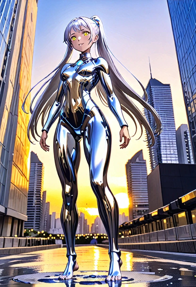 1girl, solo, anime style, 4k quality, masterpiece, best quality, sword art online, yui, long hair, blunt bangs, white hair, very long hair, high ponytail, barefoot, ultrawoman, robot, colored skin, glowing eyes, yellow eyes, flat chest, giantess, giant, metallic face, metallic skin, shiny skin, chrome skin, chrome face, gem on chest, colour timer on chest, chest jewel, blue jewel, muscular, thick_thighs, looking at viewer, full body, smile, open mouth, standing, giantess, outdoor, city, citycape, skyscrapers, ral-chrome