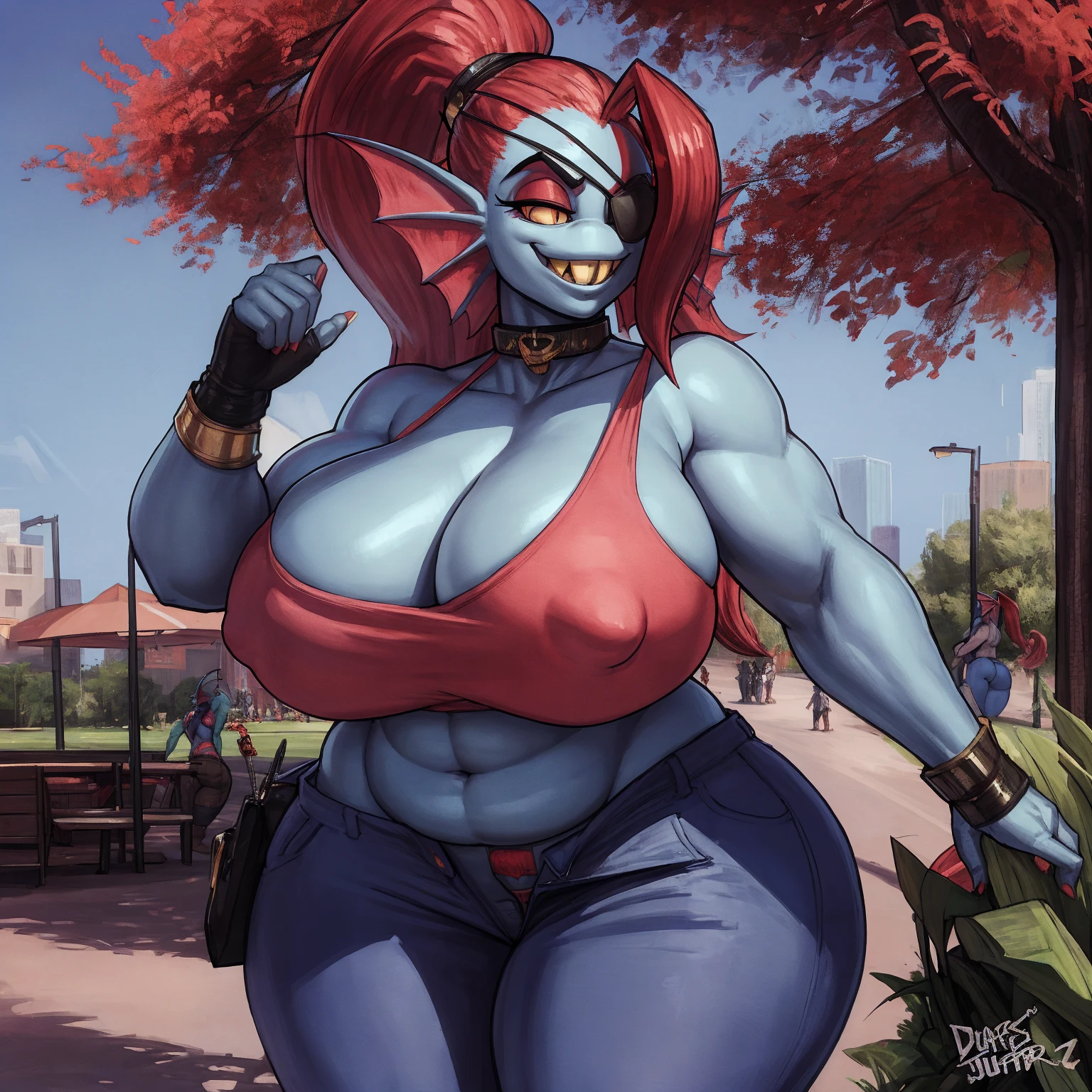 by darkgem, by duase, by kevinsano, by sligarthetiger, solo, 1girl, undyne, blue skin, black eye patch, female, older woman, smooth body, chubby, wide body, wide hips, thick thighs, big arms, (huge breasts:1.1), heavy breasts, nipple outline, highly detailed eye, slit pupil, black pupil, milf, tank top, bare midriff, cleavage, large areolae, mom jeans, lowrise jeans, bare midriff, visible thong straps, Masterpiece, best quality, absurd res, highly detailed, cleanly drawn eyes, park environment, cute smile, standing upright, casual posture, 