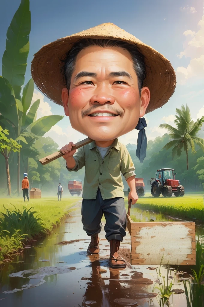 cartoon man walking in a muddy field with Bring a hoe,  With a wooden plank stuck in front of him, caricature illustration, farmer, caricature style, japanesse farmer, cartoon portrait, caricature, cartoon digital painting, caricature!!!, south east asian with round face, cartoon artstyle, potrait, cartoon digital art, digital cartoon painting art, do hoang tuong artwork, big head