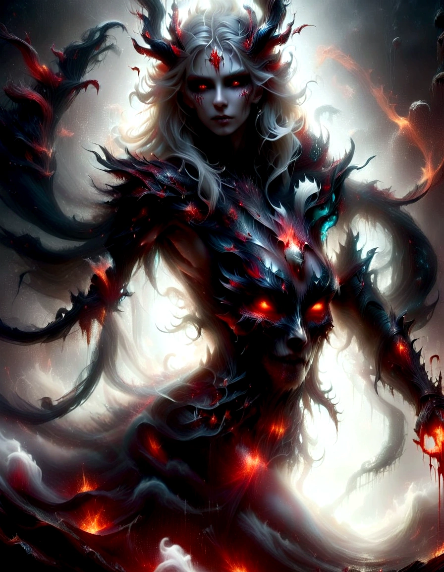 Beautiful female Demoness with, white long hair, perfect body, Strong and powerful upper body, devil skin, skins, demon armor, mist, vivid alluring eyes, blood splash, , taking your soul, skulls on the ground, Make a blood sacrifice, medieval, Dark room, low key light, Masterpiece, Realistic, oil painting in the art of hr giger