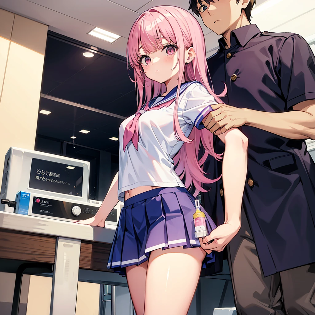 A pink-haired high school girl in a sailor uniform receives a vaccination、The man grabbed his arm、Take the syringe and stick it into your upper arm.。.