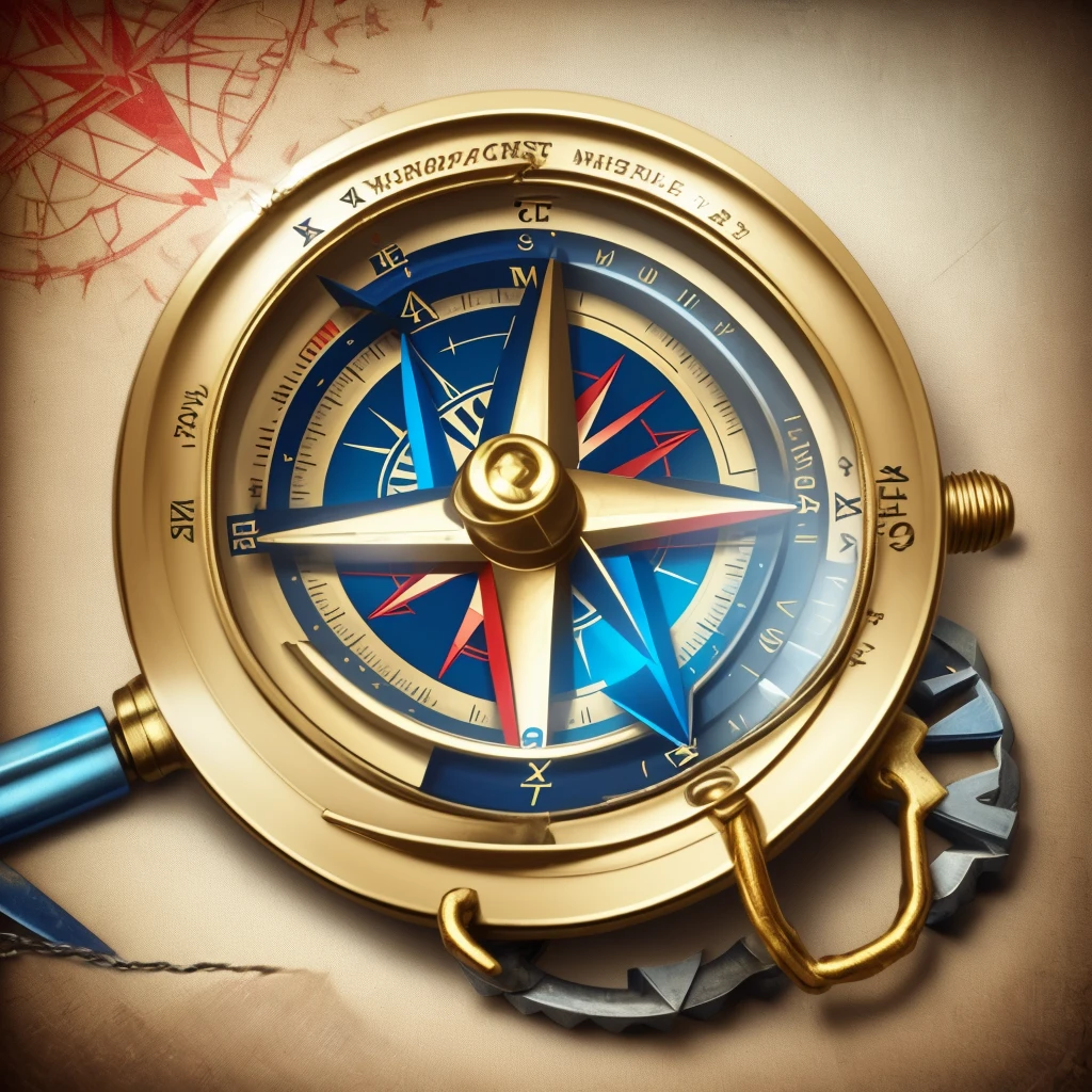 Realistic compass，Gold outer frame wrapped in blue inner shell，Red and blue pointer，Game Icon，A vintage compass，The compass is strung with a chain，High-definition quality，High-quality posters，4K，