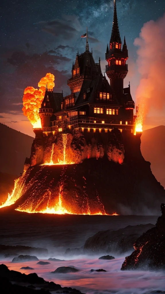 A castle surrounded by lava and volcanoes、Otherworldly fantasy