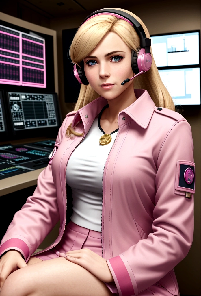 A photorealistic image of a beutiful female character with blonde hair wearing a headset, dressed in a pink military-style uniform with a pink jacket, red collar, and epaulettes. She is seated in a control room with a serious expression, looking forward. The background shows control room equipment. The scene is reminiscent of classic 80s anime style, but with a realistic appearance.