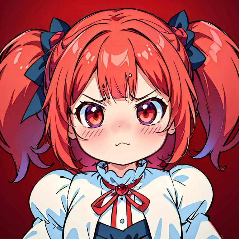 ((Highest quality)), ((masterpiece)), (detailed), Perfect Face, Perfect Arms, anime, Ultra-fine illustration, One girl, ((Chibi Character)), Red Eye, Red hair twintails, Gothic Lolita, (Puffy Cheeks:1.6) (Furious expression:1.4), Swallow your mouth, Upper Body Shot, Rose color,