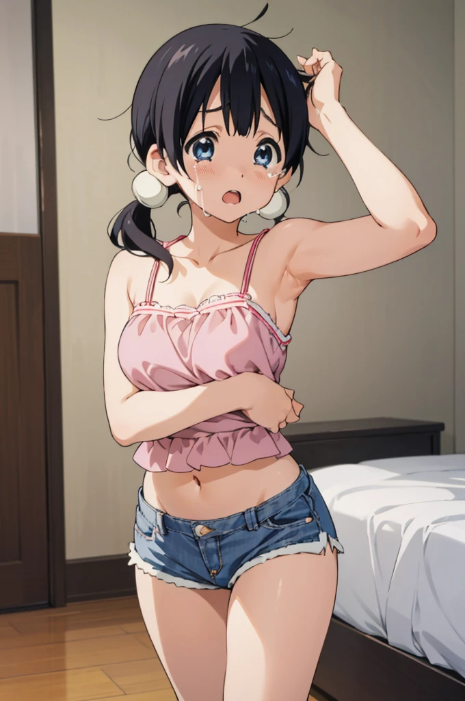  solo, 1girl, tamako kitashirakawa, , looking at viewer, open mouth,((deep breathing,surprised,crying)),,,my room,socks,camisole,denim shorts,navel,,looking viewer,(panties),standing,armpit,huge breasts