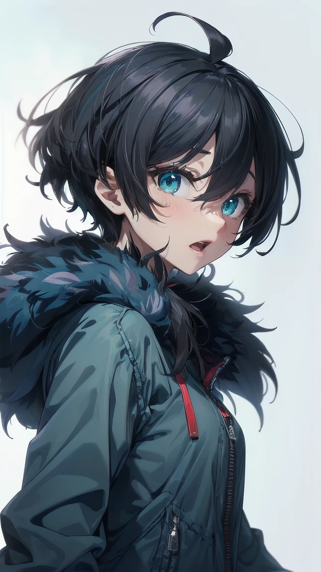 Close-up of a cartoon girl with blue hair and a yellow shirt, 2D Animation, 2D Animation style, 2D Art, 2D Art, 2D from Gorillaz, 2D from Gorillaz, 2D Gorillaz, Screaming Cerket, 2D Sprites, Jinx Face, short hair, hot pants, Small breasts, ((Black Hair, Bright blue fur inside:1.4))