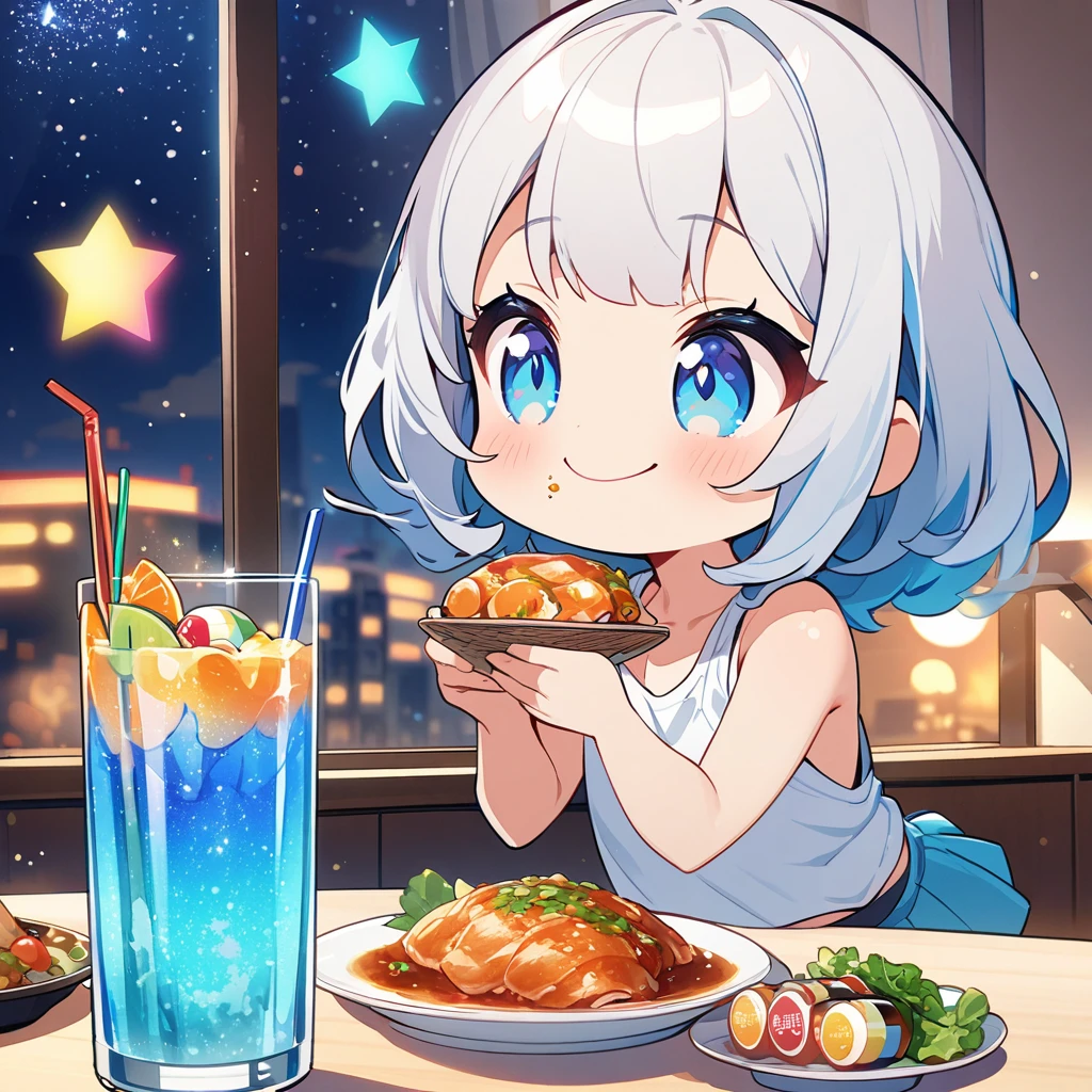 masterpiece、Highest quality、Depth of subject、2D illustration、1 beautiful girl、独奏, (((chibi style)))、((night)), ((window)), ((starry sky)), Long, beautiful hair、Shiny silver hair、cute、Beautifully detailed eyes、((Tank top))、a glass of blue soda, ((colorful))、mini skirt、((happy smile))、((Canned Chuhai)), ((close up shot))、((eating dinner)), ((in the room))、((There's a lot of pink around))、Thighs、((vivid color))、sparkle、((Lens flare))、