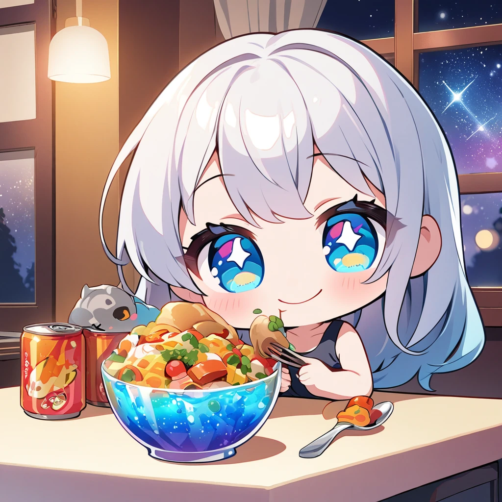 masterpiece、Highest quality、Depth of subject、2D illustration、1 beautiful girl、独奏, (((chibi style)))、((night)), ((window)), ((starry sky)), Long, beautiful hair、Shiny silver hair、cute、Beautifully detailed eyes、((Tank top))、a glass of blue soda, ((colorful))、mini skirt、((happy smile))、((Canned Chuhai)), ((close up shot))、((eating dinner)), ((in the room))、((There's a lot of pink around))、Thighs、((vivid color))、sparkle、((Lens flare))、