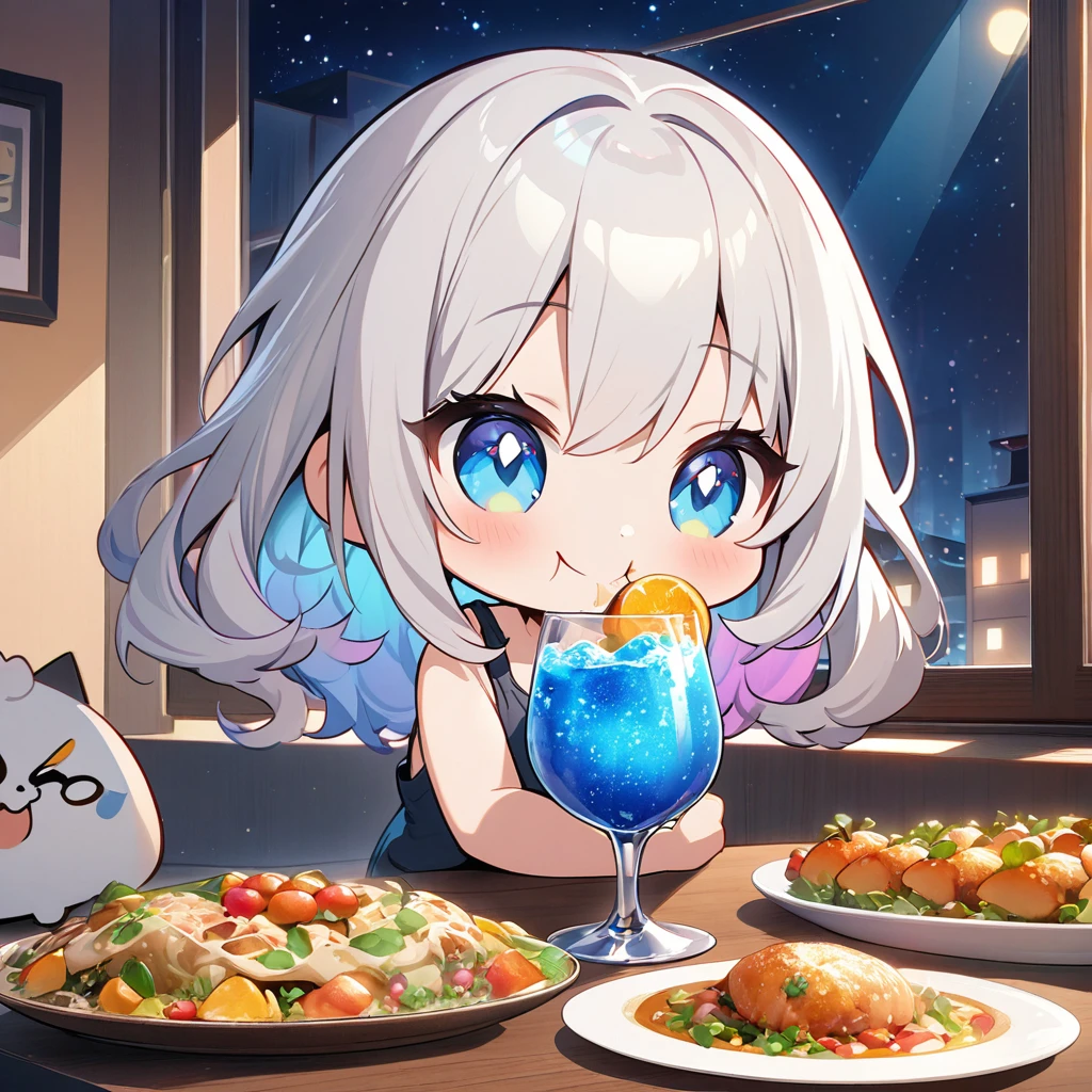 masterpiece、Highest quality、Depth of subject、2D illustration、1 beautiful girl、独奏, (((chibi style)))、((night)), ((window)), ((starry sky)), Long, beautiful hair、Shiny silver hair、cute、Beautifully detailed eyes、((Tank top))、a glass of blue soda, ((colorful))、mini skirt、((happy smile))、((Canned Chuhai)), ((close up shot))、((eating dinner)), ((in the room))、((There's a lot of pink around))、Thighs、((vivid color))、sparkle、((Lens flare))、