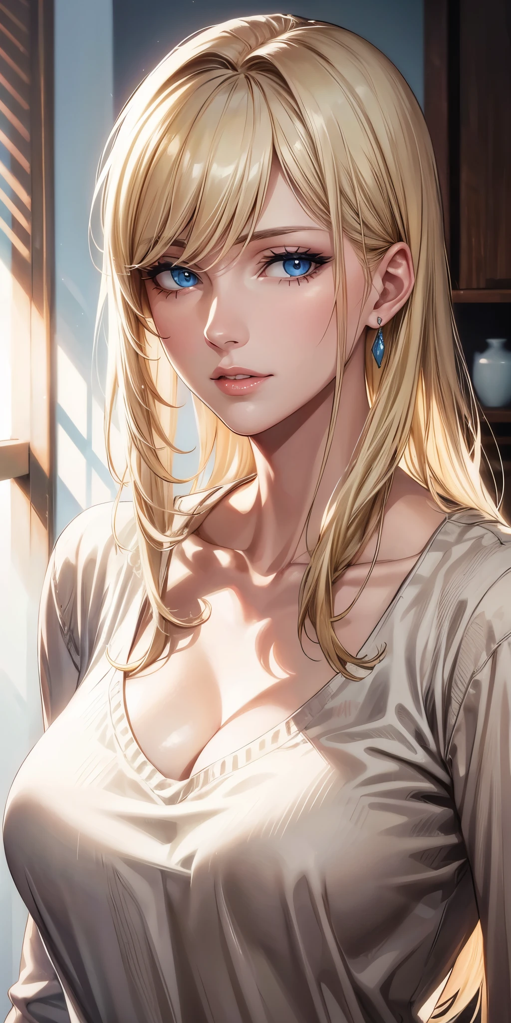 Realistic, Elegant mature woman, beautiful, long blonde hair, soft light, 4k resolution, high quality