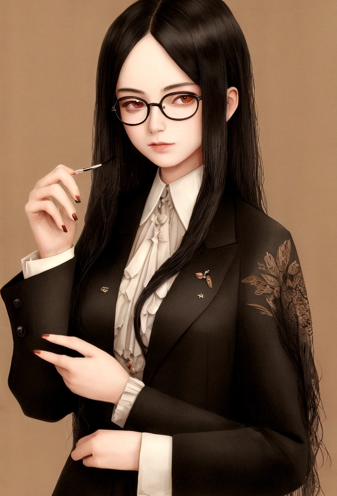 ((Highest quality)), ((masterpiece)), (detailed), tobacco, woman, Glasses, Long Black Hair, modern, suit