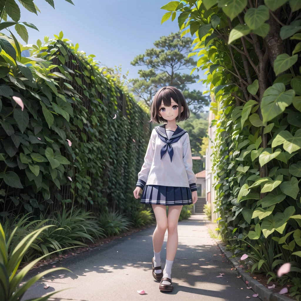 (masterpiece), town, blue sky, One girl, smile, alone, Sailor suit、Below-the-knee skirt, Overgrown, petal, plant、Skirt lining、Translucent slip