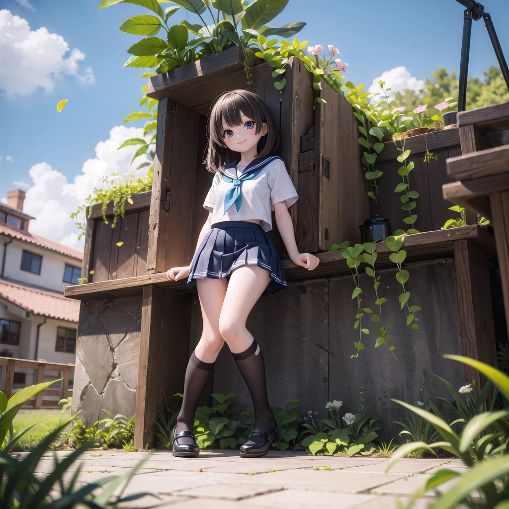 (masterpiece),  town,  blue sky,  One girl,  smile,  alone,  Sailor suit、Below-the-knee skirt,  Overgrown,  petal,  plant、Skirt lining、Translucent slip