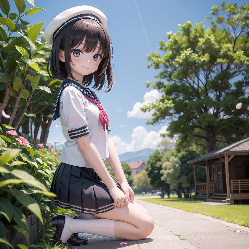 (masterpiece), town, blue sky, One girl, smile, alone, Sailor suit、Below-the-knee skirt, Overgrown, petal, plant、Skirt lining、Translucent slip