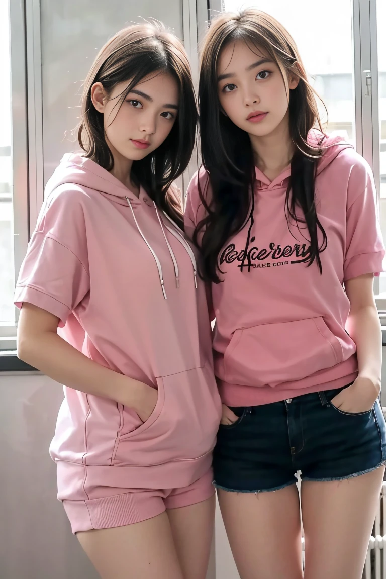 deux femmes ensemble de 18 ans sexy et mince , pink short sleeve hoodie , salle de classe, se touche,position sey,sensuel