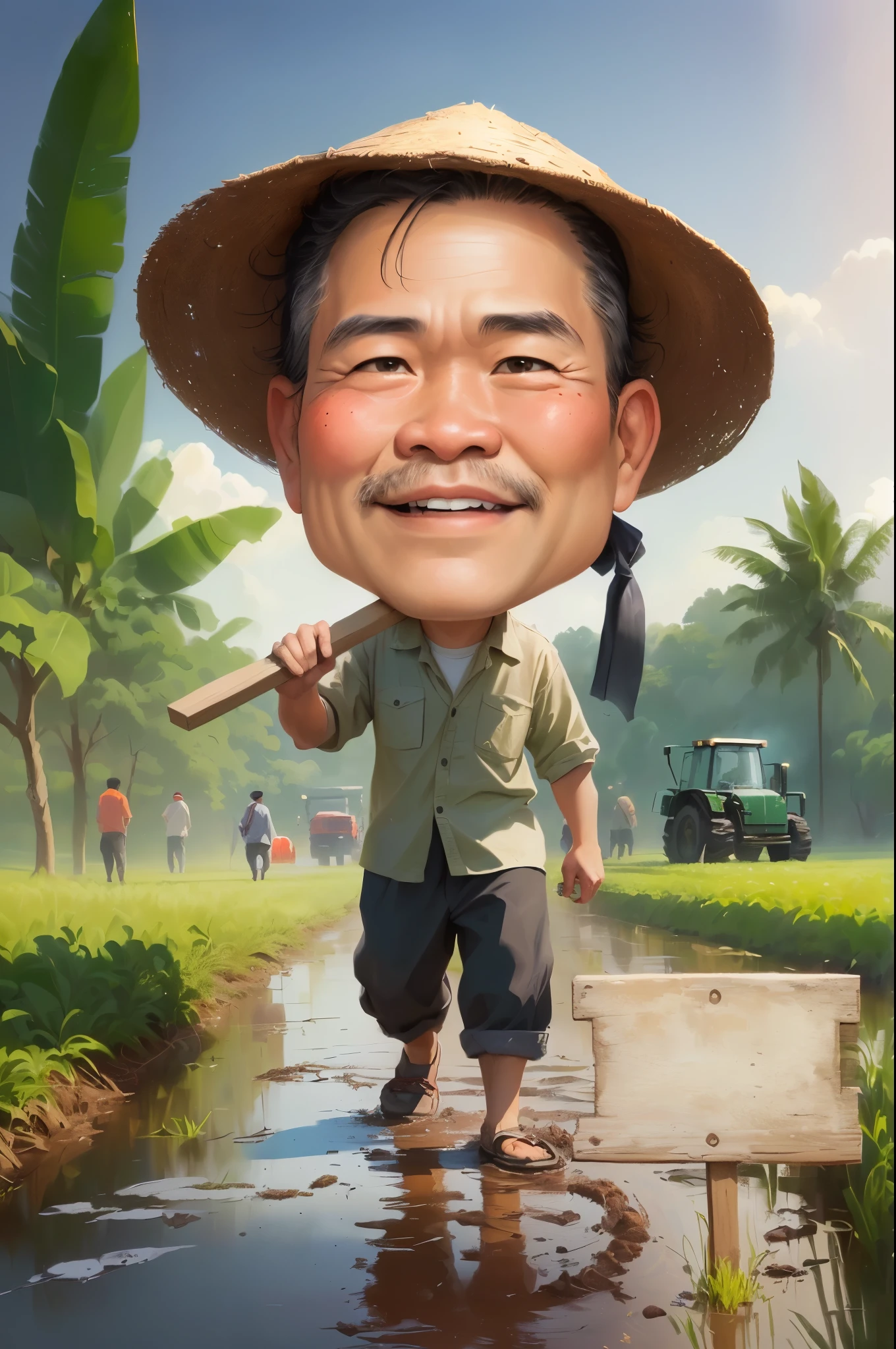 cartoon man walking in a muddy field with Bring a hoe, With a wooden plank stuck in front of him, caricature illustration, farmer, caricature style, japanesse farmer, cartoon portrait, caricature, cartoon digital painting, caricature!!!, south east asian with round face, cartoon artstyle, potrait, cartoon digital art, digital cartoon painting art, do hoang tuong artwork, big head