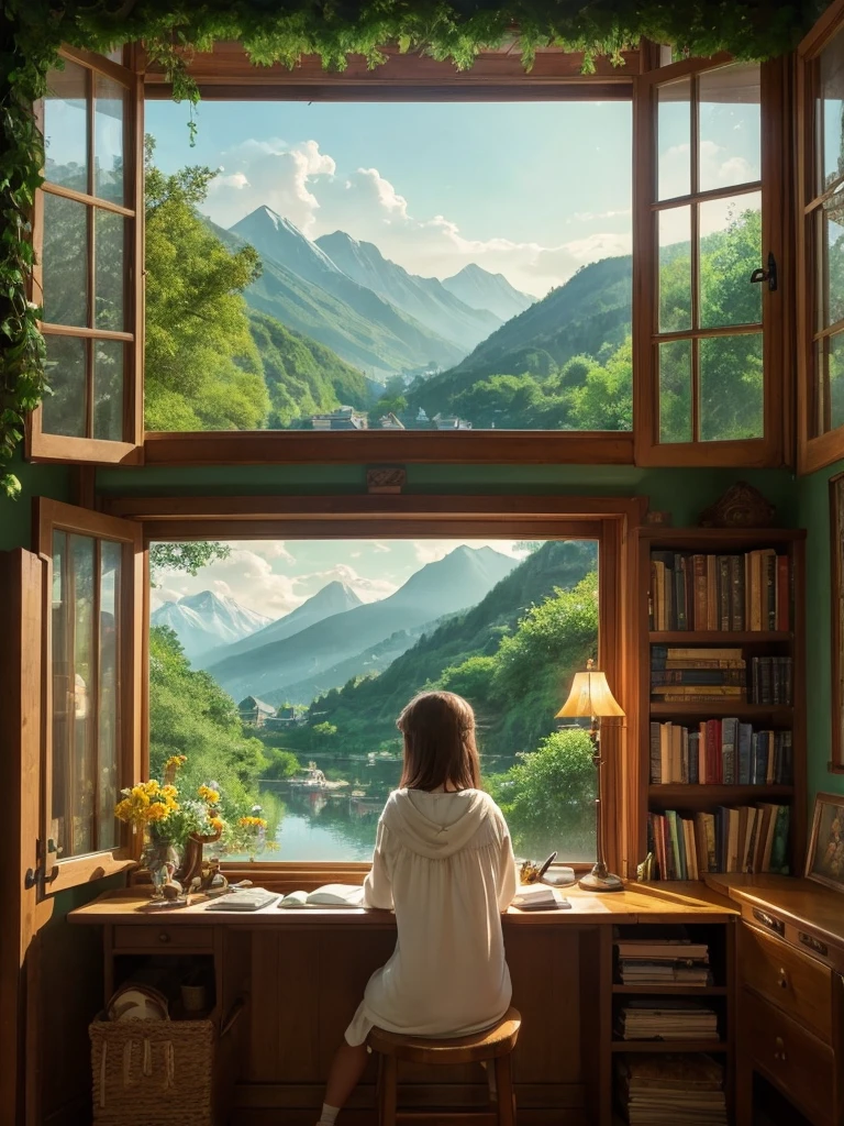Create an illustration of a “Lofi Girl” inspired by Studio Ghibli. The scene should capture the serene, magical atmosphere typical of Ghibli films. The Lofi Girl is sitting at a wooden desk by a window, studying or writing in a notebook. She wears cozy, casual clothing reminiscent of characters in Ghibli films, like a simple dress or sweater.
Outside the window, there is a lush, enchanted landscape with vibrant greenery, colorful flowers, and possibly a view of distant mountains or a quaint village. The sky should have a soft, warm glow, perhaps during sunrise or sunset.
Inside the room, include elements that evoke a Ghibli aesthetic: wooden furniture, shelves filled with books and trinkets, soft lighting from a lamp, and maybe a small, fantastical creature or a cat nearby, adding a touch of whimsy. The overall mood should be calm, cozy, and slightly nostalgic, inviting the viewer into a peaceful, otherworldly setting.