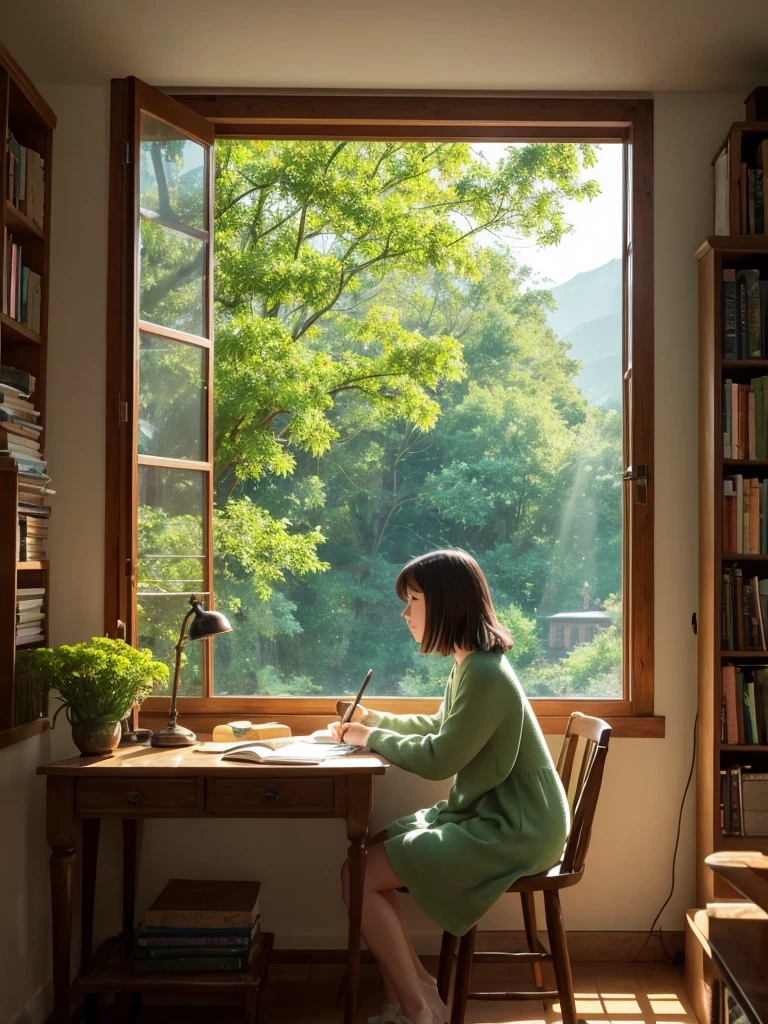 Create an illustration of a “Lofi Girl” inspired by Studio Ghibli. The scene should capture the serene, magical atmosphere typical of Ghibli films. The Lofi Girl is sitting at a wooden desk by a window, studying or writing in a notebook. She wears cozy, casual clothing reminiscent of characters in Ghibli films, like a simple dress or sweater.

Outside the window, there is a lush, enchanted landscape with vibrant greenery, colorful flowers, and possibly a view of distant mountains or a quaint village. The sky should have a soft, warm glow, perhaps during sunrise or sunset.

Inside the room, include elements that evoke a Ghibli aesthetic: wooden furniture, shelves filled with books and trinkets, soft lighting from a lamp, and maybe a small, fantastical creature or a cat nearby, adding a touch of whimsy. The overall mood should be calm, cozy, and slightly nostalgic, inviting the viewer into a peaceful, otherworldly setting.
