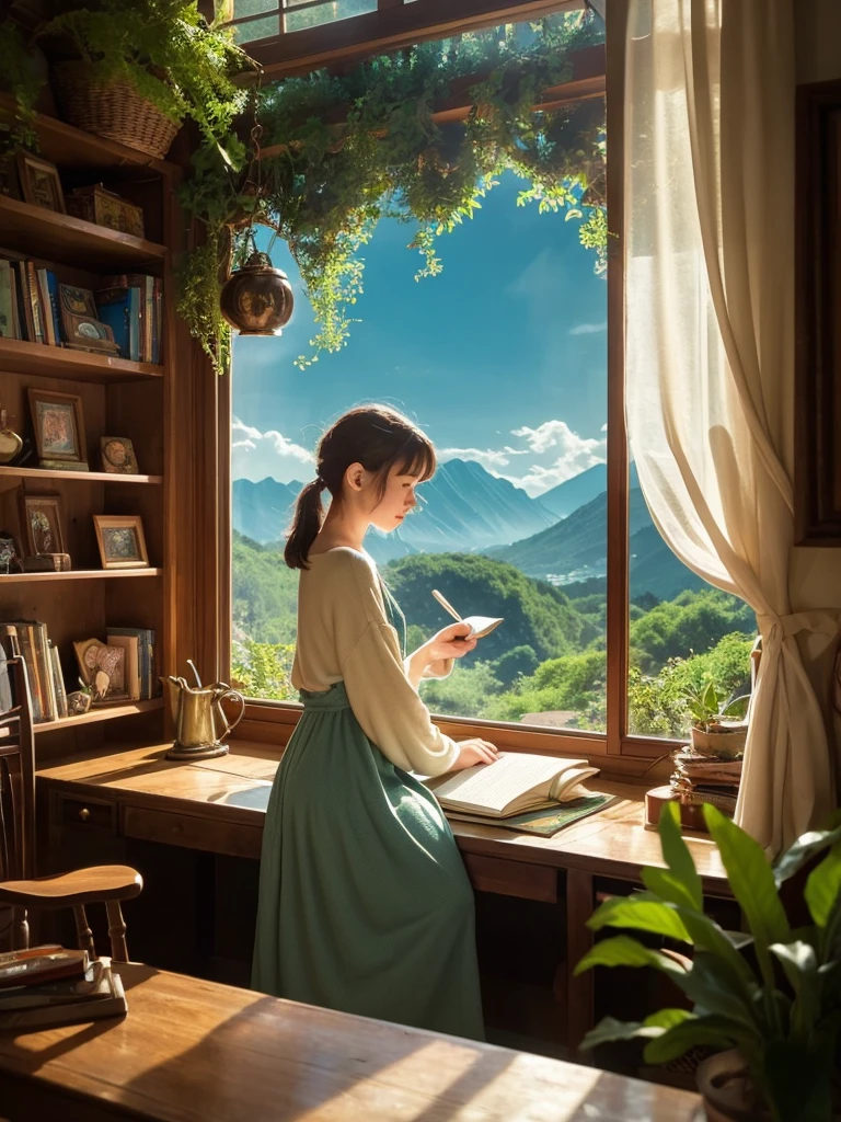 Create an illustration of a “Lofi Girl” inspired by Studio Ghibli. The scene should capture the serene, magical atmosphere typical of Ghibli films. The Lofi Girl is sitting at a wooden desk by a window, studying or writing in a notebook. She wears cozy, casual clothing reminiscent of characters in Ghibli films, like a simple dress or sweater.
Outside the window, there is a lush, enchanted landscape with vibrant greenery, colorful flowers, and possibly a view of distant mountains or a quaint village. The sky should have a soft, warm glow, perhaps during sunrise or sunset.
Inside the room, include elements that evoke a Ghibli aesthetic: wooden furniture, shelves filled with books and trinkets, soft lighting from a lamp, and maybe a small, fantastical creature or a cat nearby, adding a touch of whimsy. The overall mood should be calm, cozy, and slightly nostalgic, inviting the viewer into a peaceful, otherworldly setting.